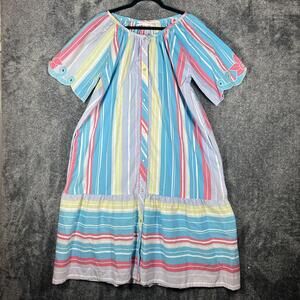 Kelly Reed Dress Womens L Blue Striped Midi Trapeze Swing Cotton Embroidered